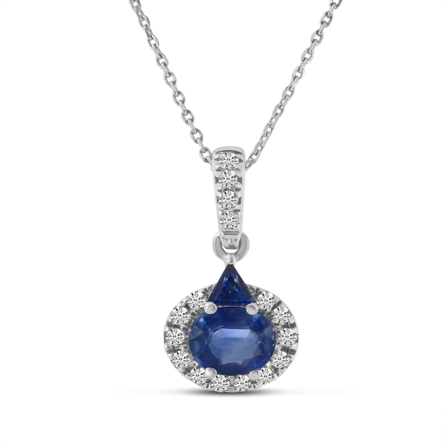 14K White Gold Oval and Trillion Sapphire Diamond Halo Precious Pendant