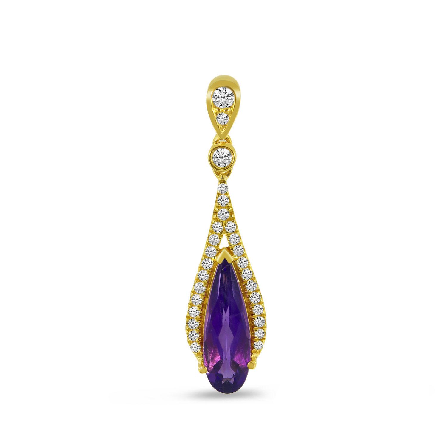 14K Yellow Gold Pear Amethyst and Diamond Semi Precious Pendant