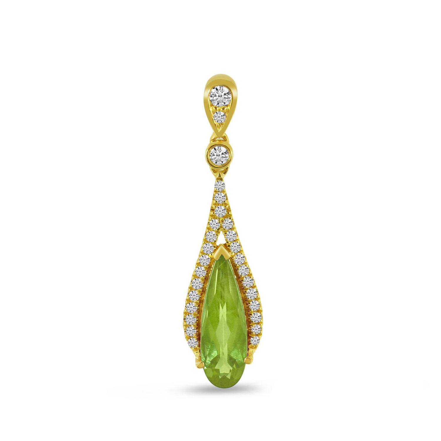 14K Yellow Gold Pear Peridot and Diamond Semi Precious Pendant