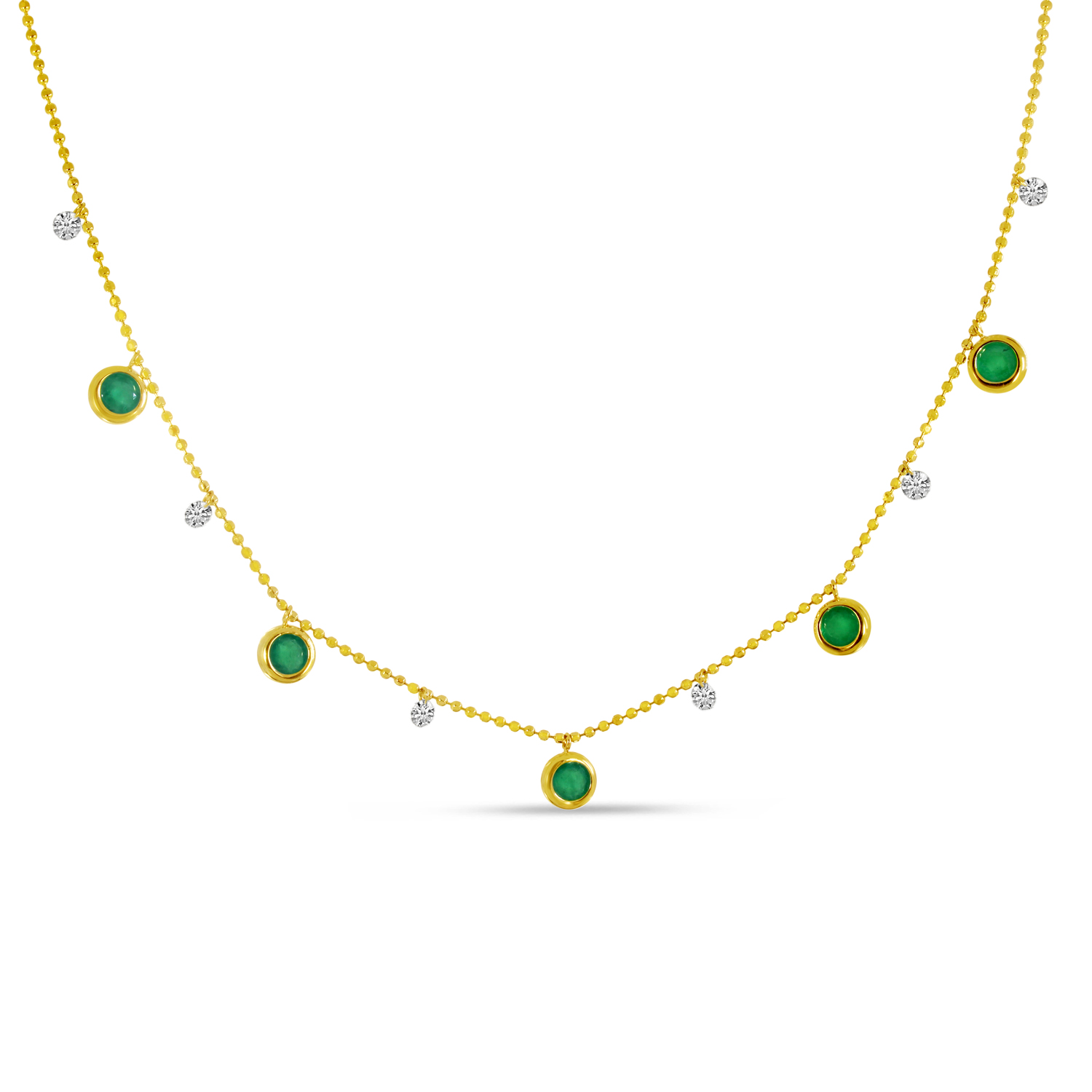 14K Yellow Gold Dashing Diamond  Emerald Bezel Necklace