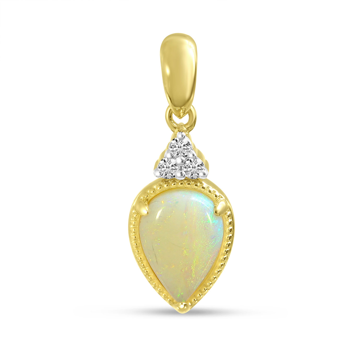 14K Yellow Gold Pear Cut Opal and Diamond Pendant