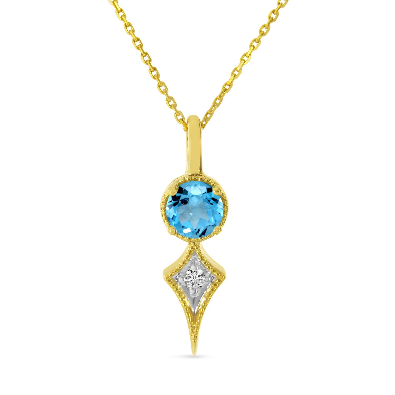 14K Yellow Gold Blue Topaz and Diamond Pendant