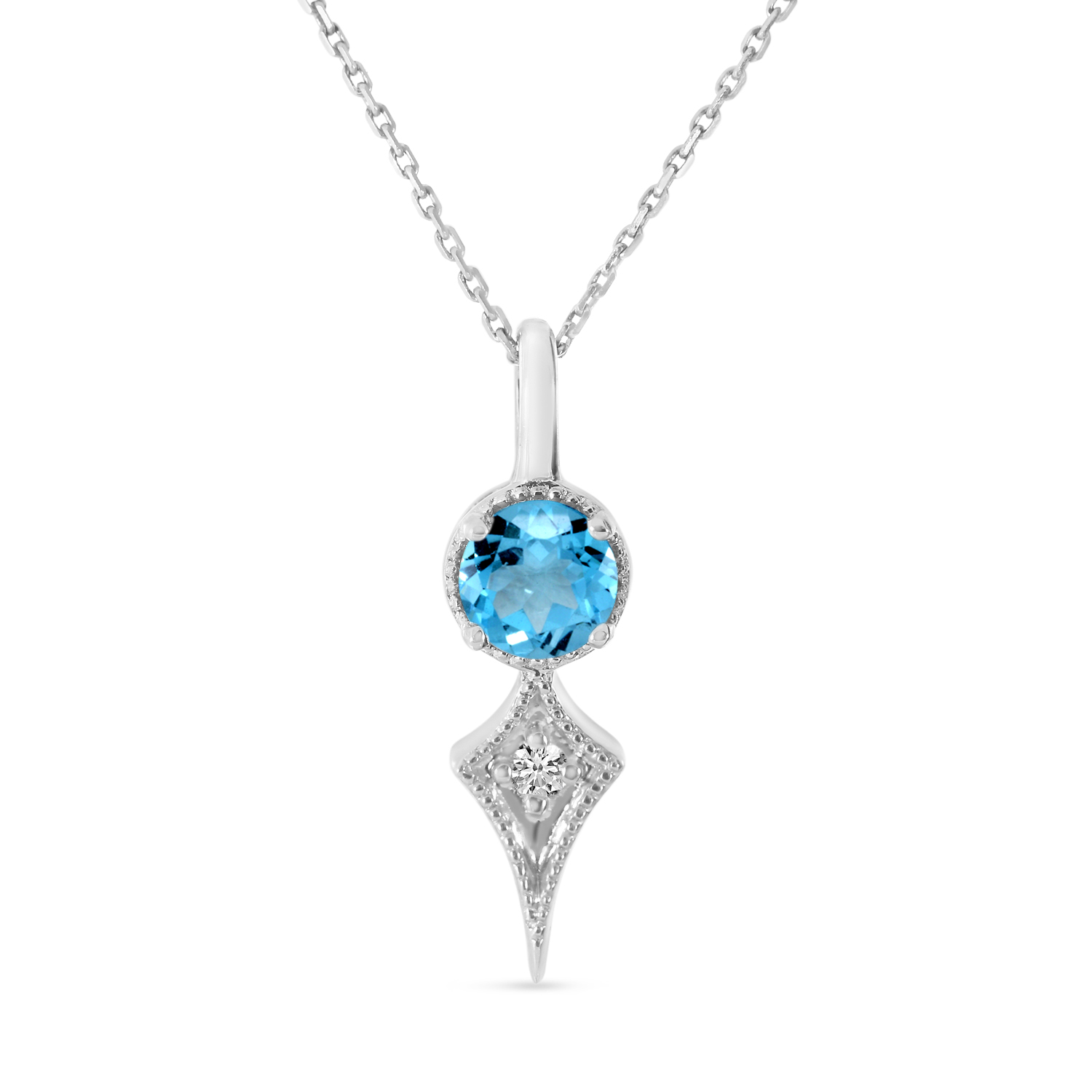 14K White Gold Blue Topaz and Diamond Pendant 