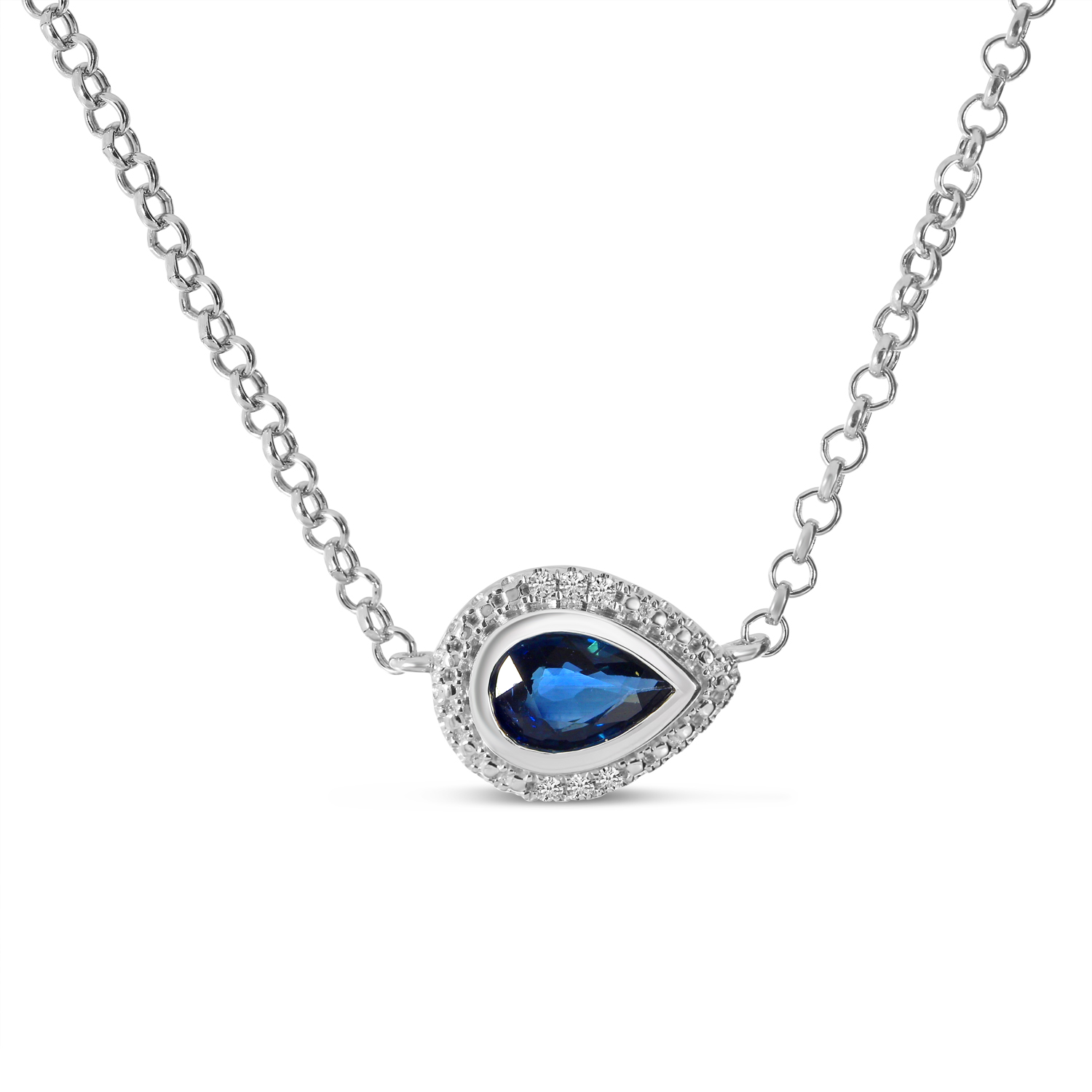 14K White Gold Precious Sapphire Pear and Diamond Halo Necklace