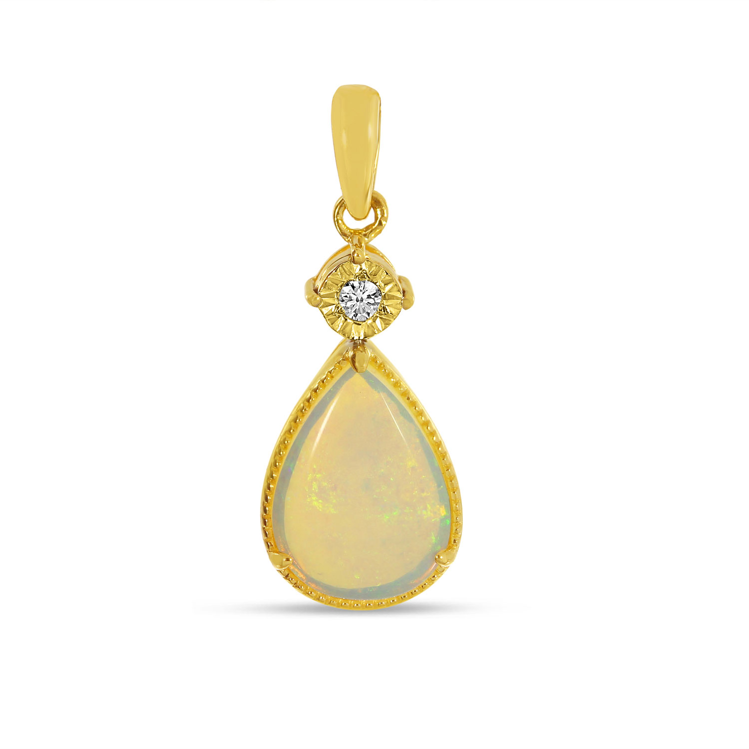 14K Yellow Gold Pear Cut Opal Pendant With Diamond Millgrain