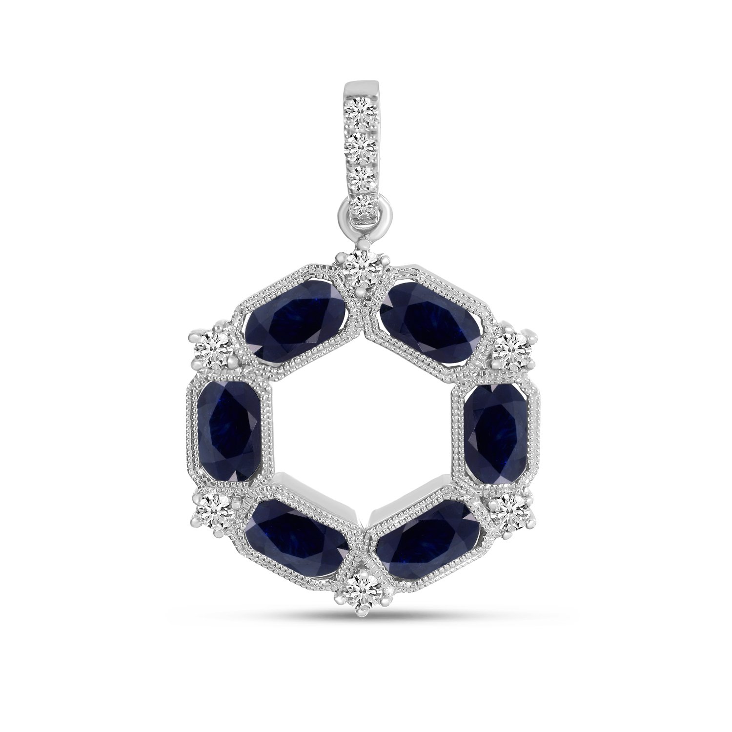 14K Yellow Gold Diamond and Sapphire Hexagon Circle Pendant