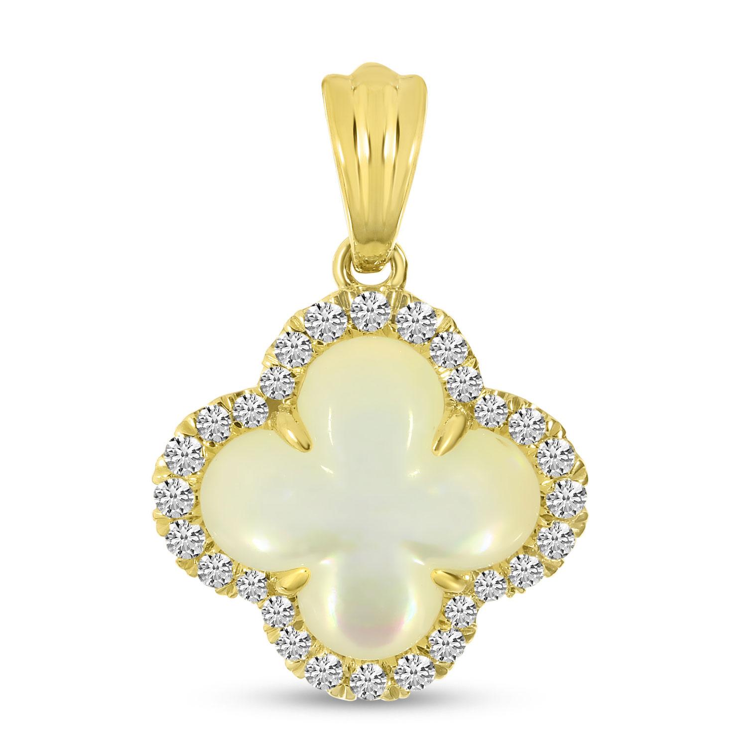 14K Yellow Gold Mother of Pearl and Diamond Clover Pendant