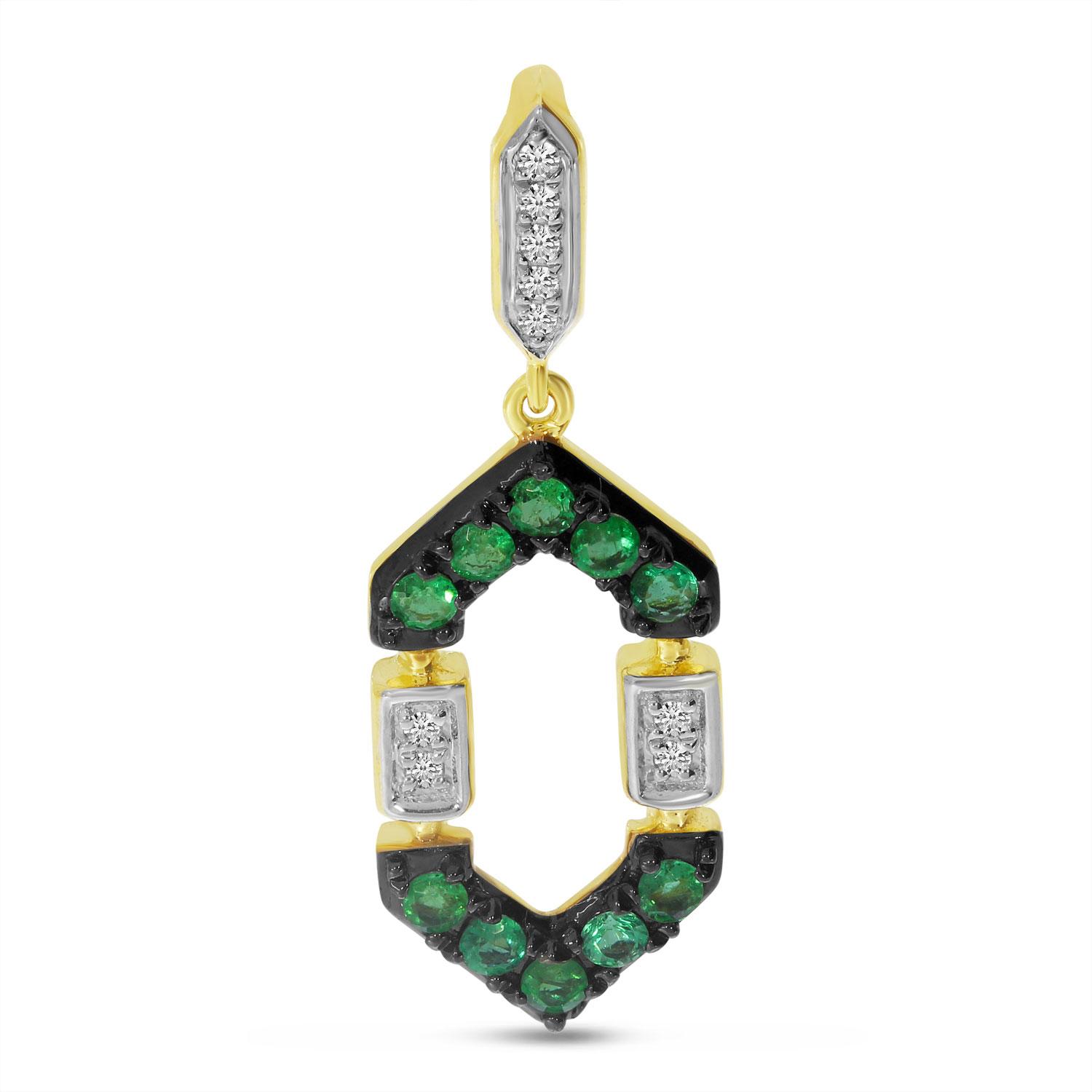 14K Yellow Gold Emerald and Diamond Geometric Precious Pendant