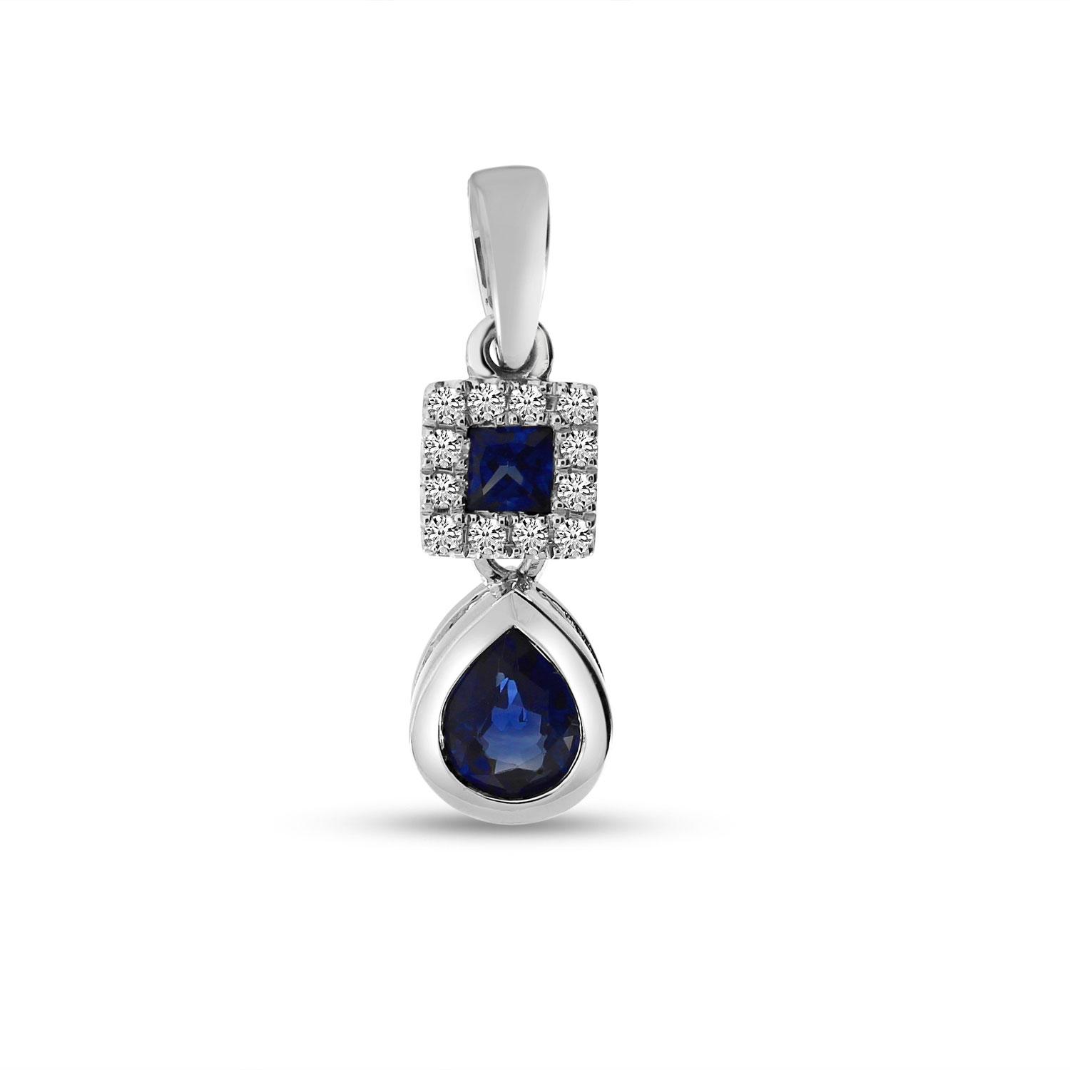 14K White Gold Pear and Princess Sapphire with Diamond Pendant