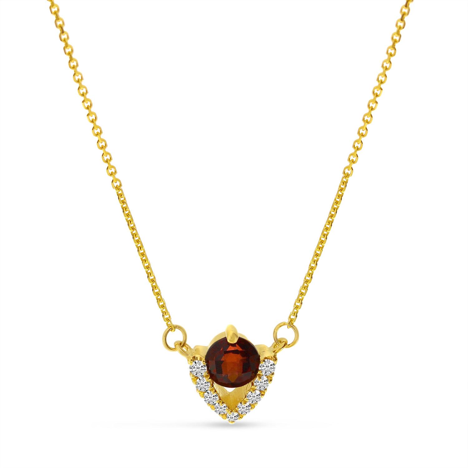 14K Yellow Gold Garnet and Diamond Triangle Necklace