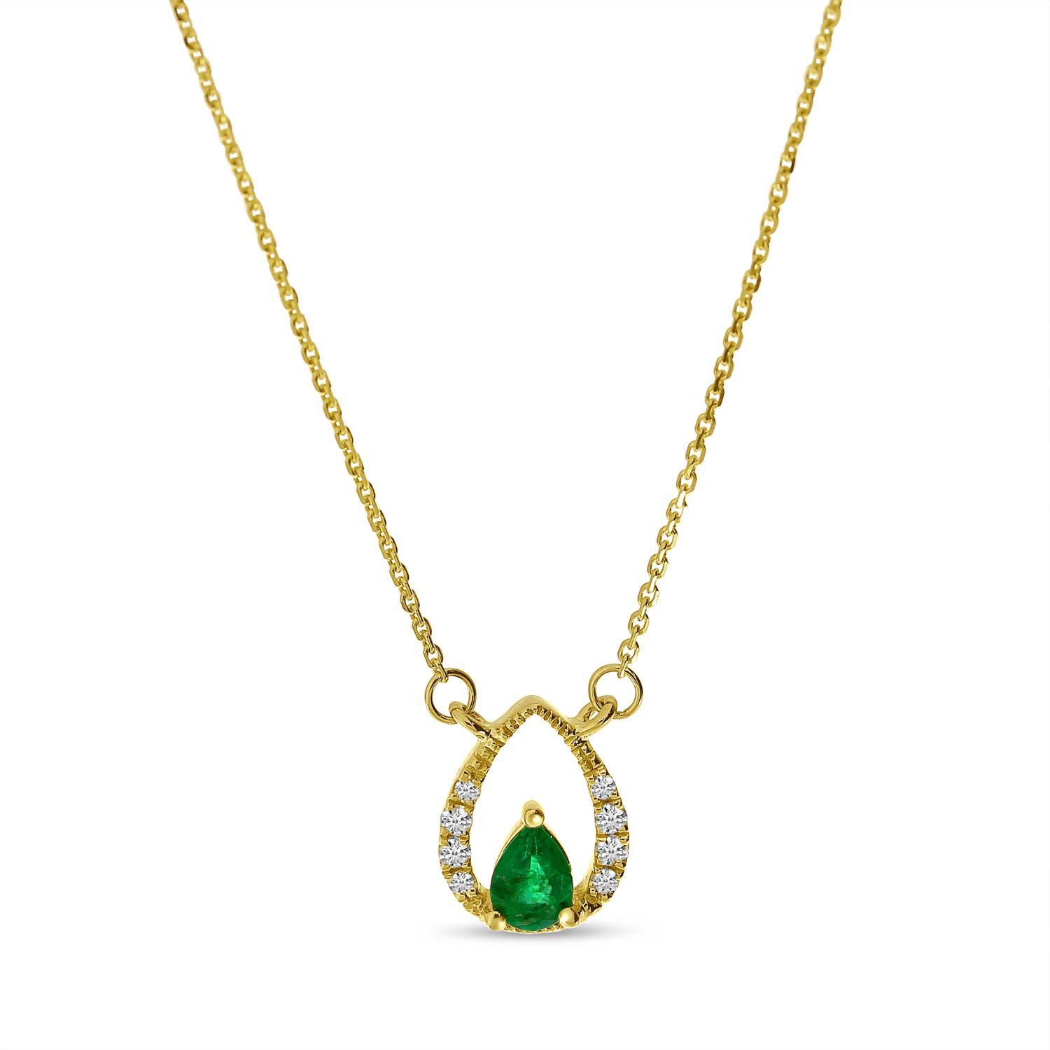 14K Yellow Gold Pear Emerald and Diamond Precious Millgrain Necklace