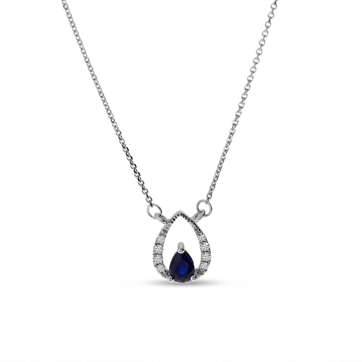 14K White Gold Pear Sapphire and Diamond Precious Millgrain Necklace
