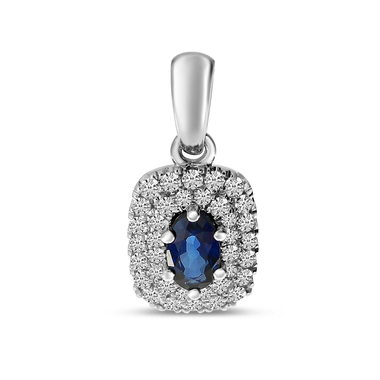 14K White Gold Oval Sapphire and Double Diamond Halo Precious Pendant
