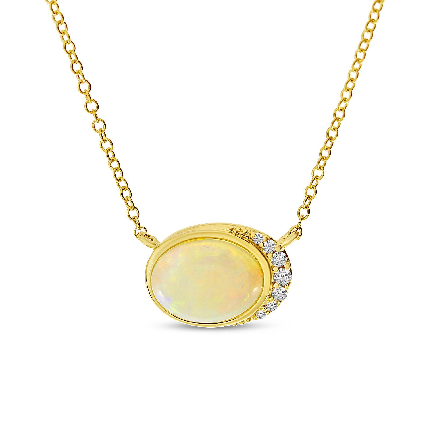 14K Yellow Gold Oval Opal and Diamond Necklace
