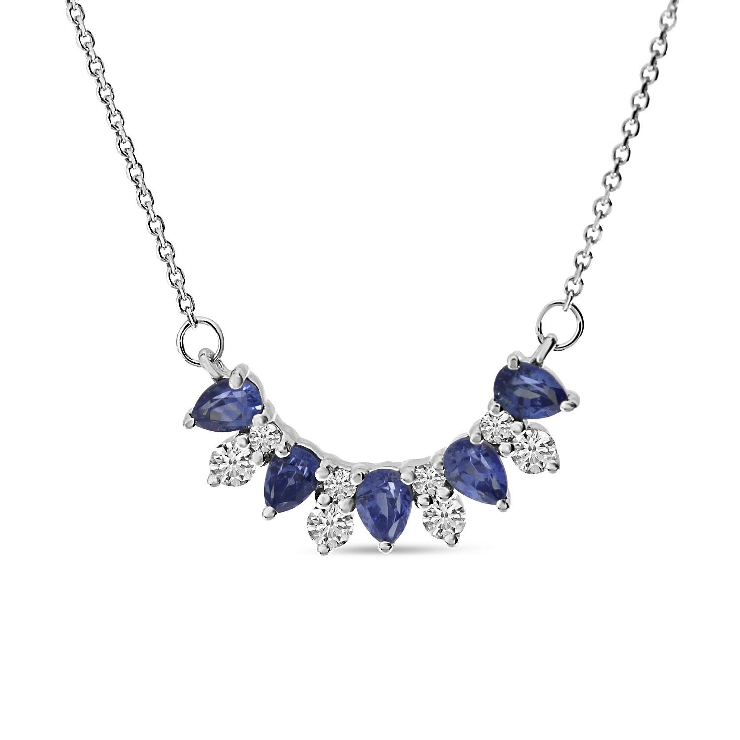 14K White Gold Pear Sapphire and Diamond U Shape Precious Necklace