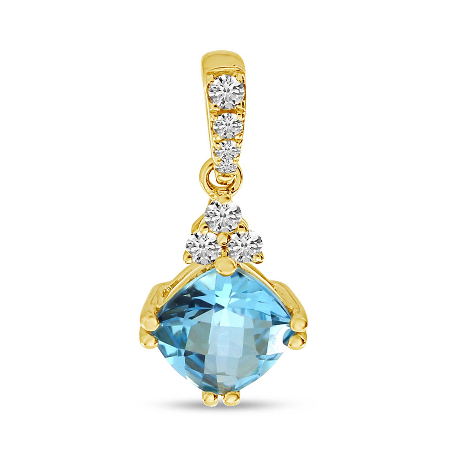 14K Yellow Gold Cushion Blue Topaz with Diamond Pendant
