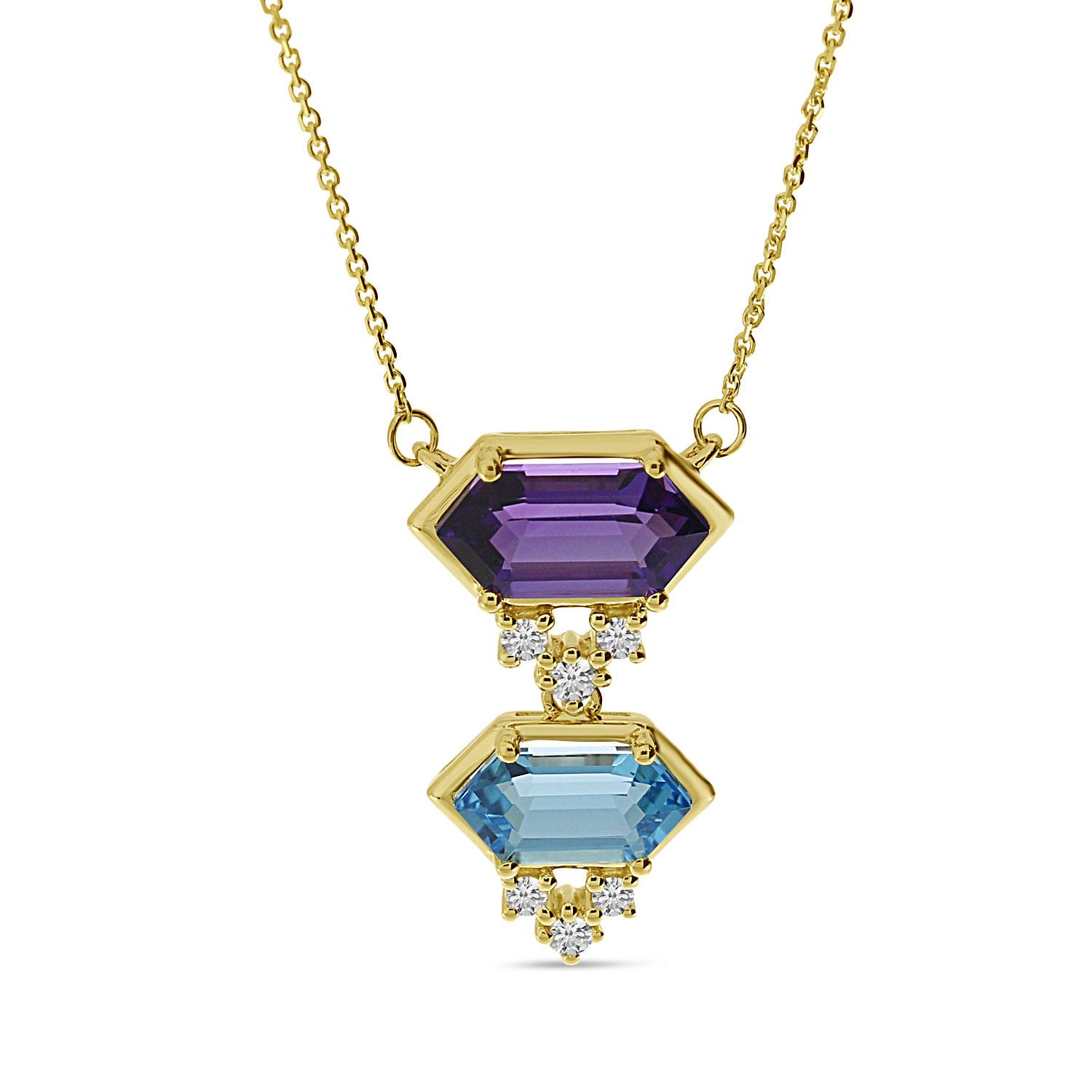 14K Yellow Gold Double Hexagon Amethyst and Blue Topaz with Diamond Semi Precious Necklace