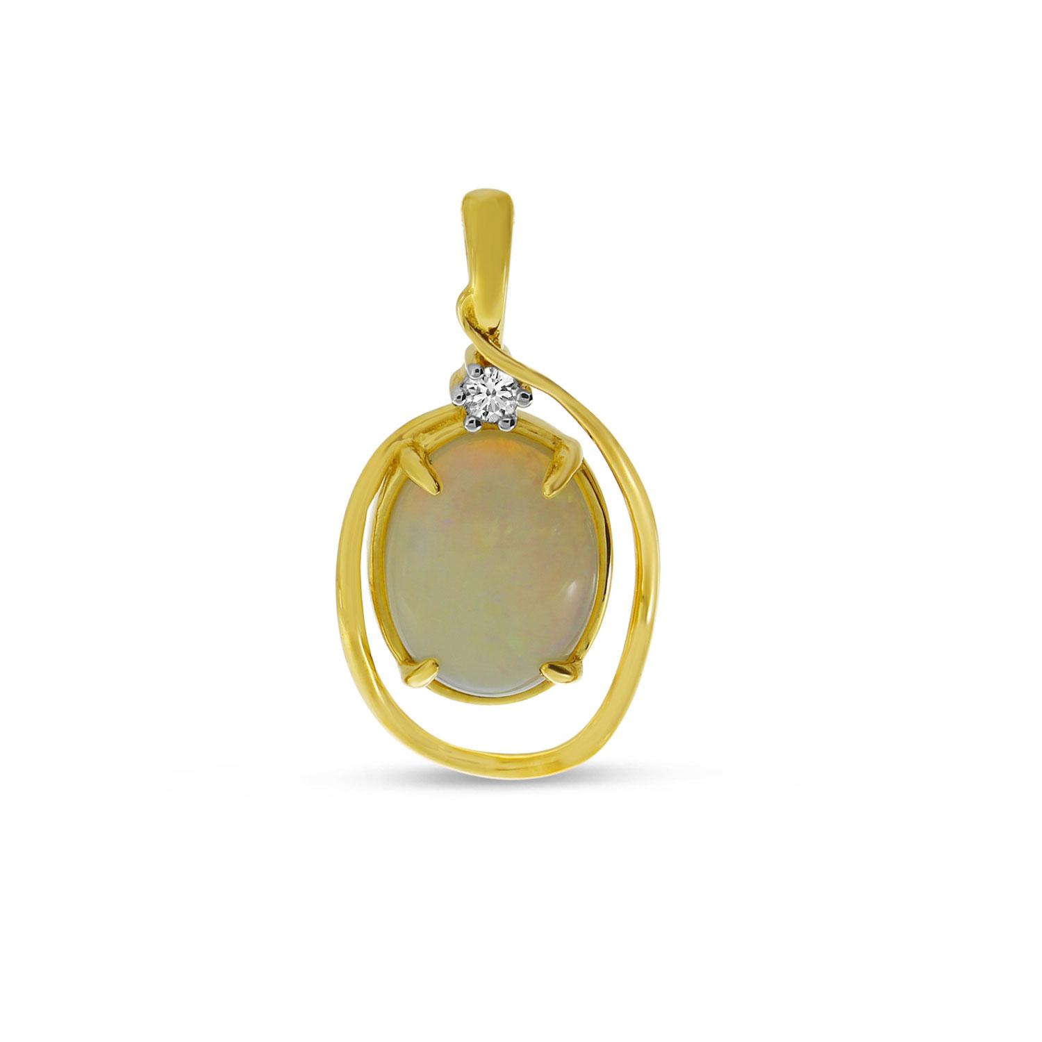 14K Yellow Gold Oval Opal with Diamond Swirl Pendant
