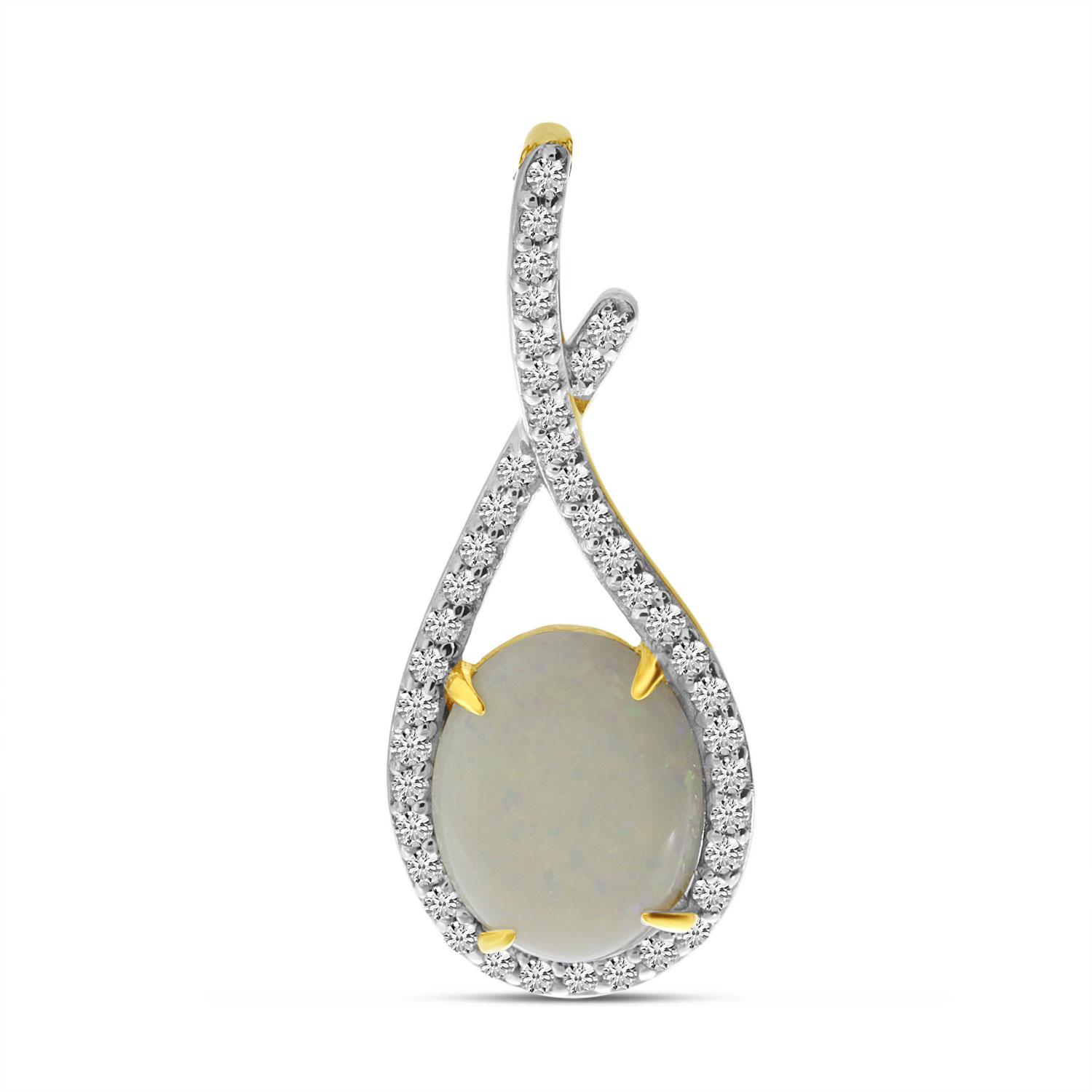 14K Yellow Gold Oval Opal with Diamond Swirl Pendant