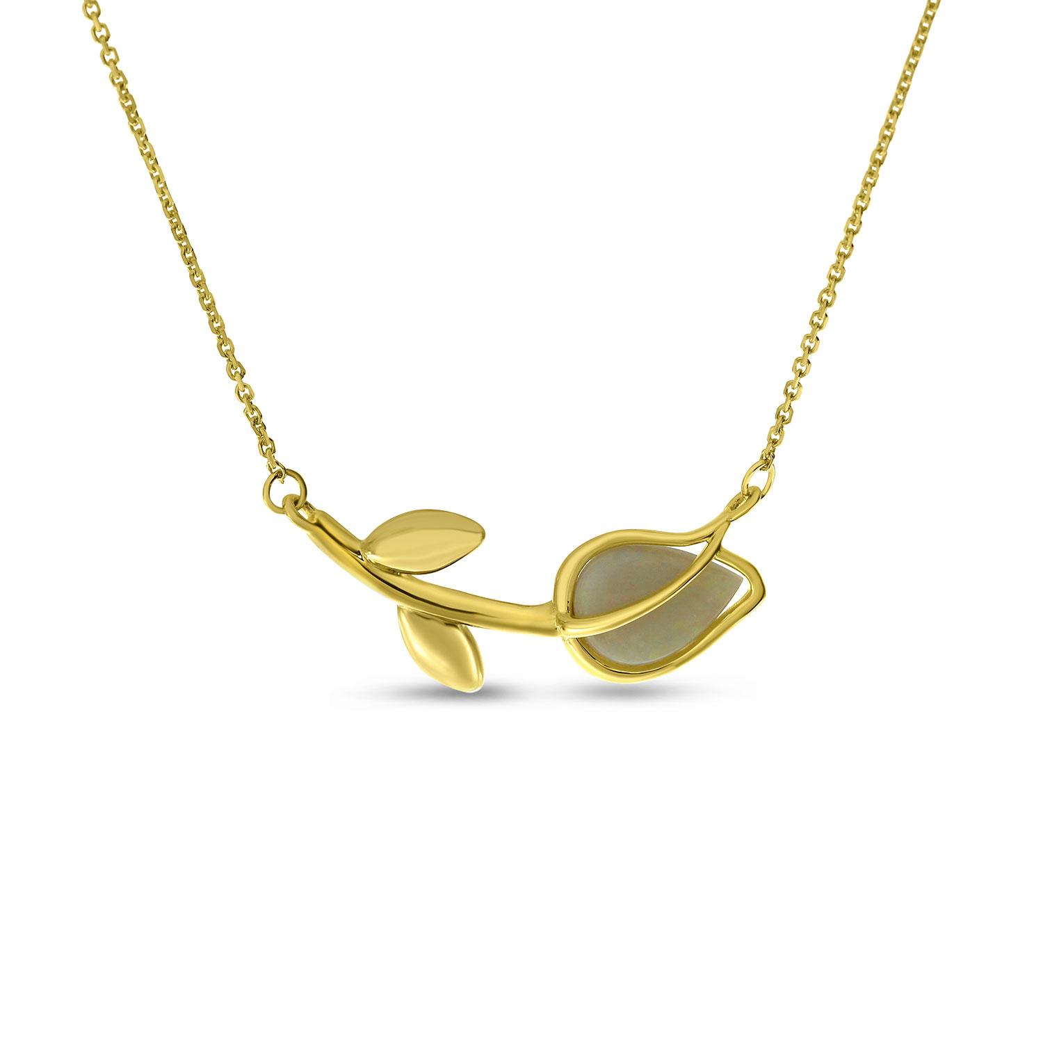 14K Yellow Gold Pear Opal Floral Necklace