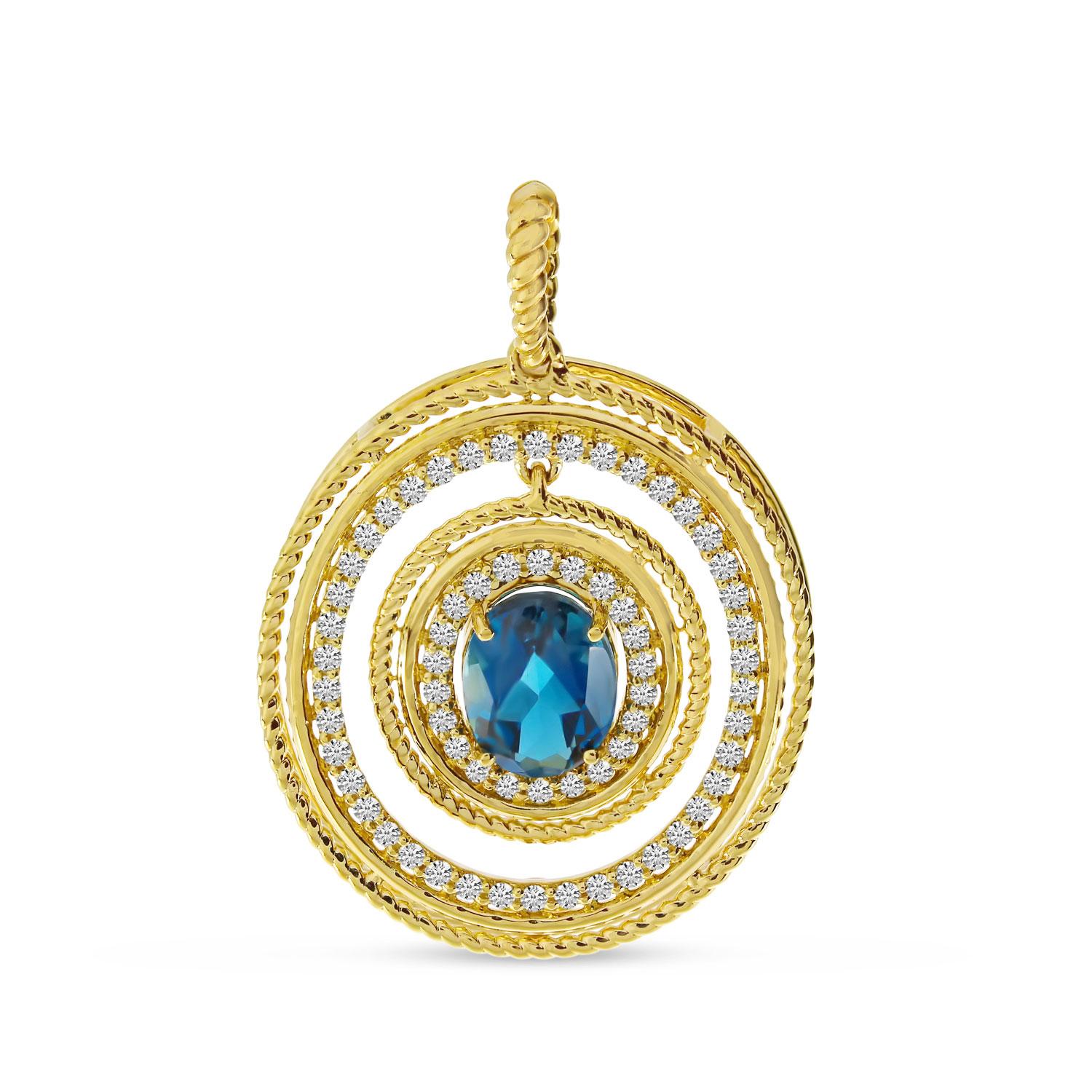14K Yellow Gold Oval London Blue Topaz and Diamond Circle Pendant