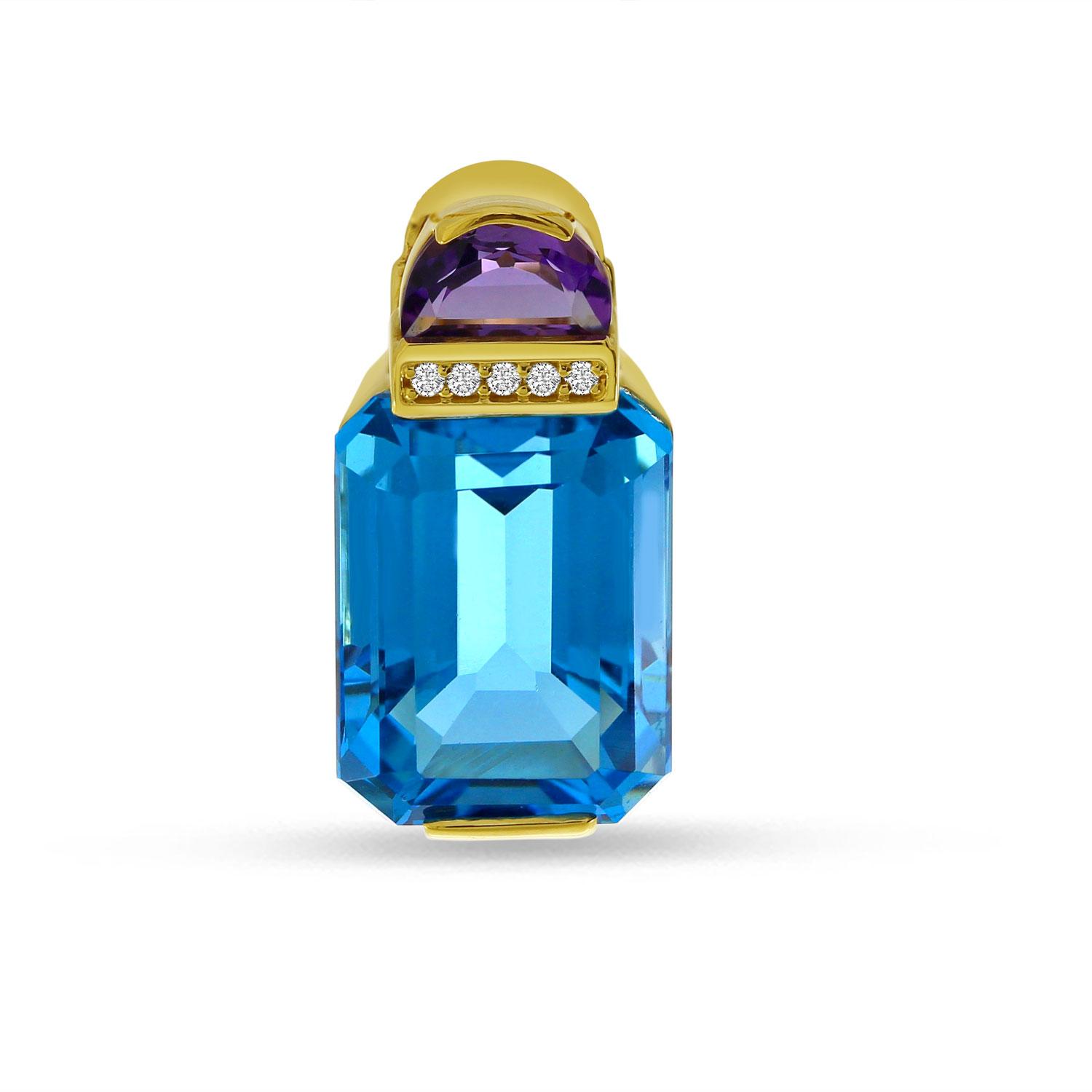 14K Yellow Gold Fancy Blue Topaz Octagon and Amethyst Duo Pendant