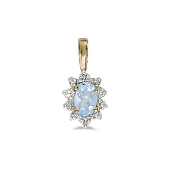 10k Yellow Gold Oval Aquamarine And Diamond Pendant