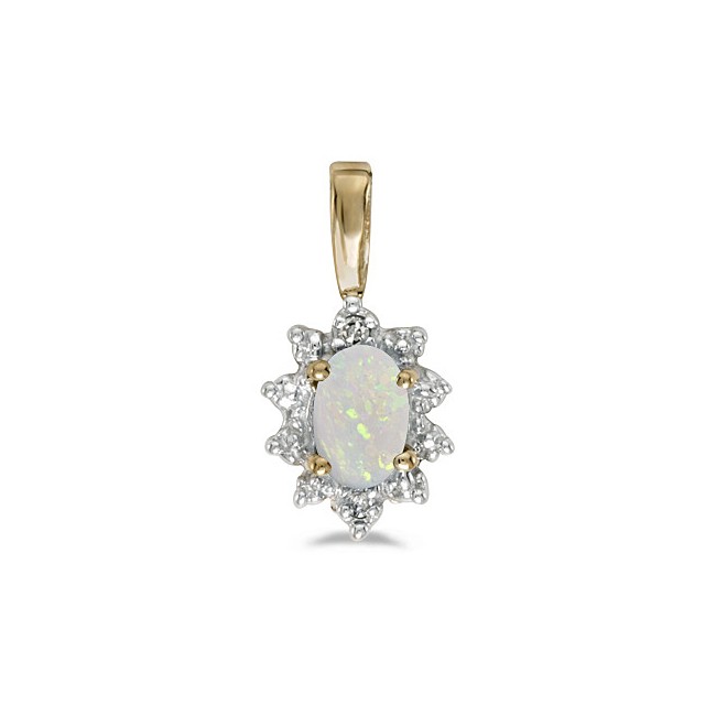 10k Yellow Gold Oval Opal And Diamond Pendant