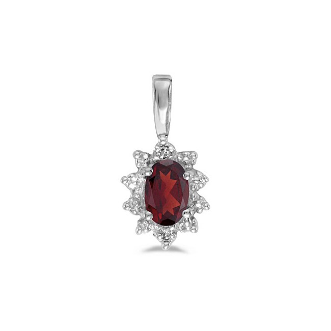 10k White Gold Oval Garnet And Diamond Pendant