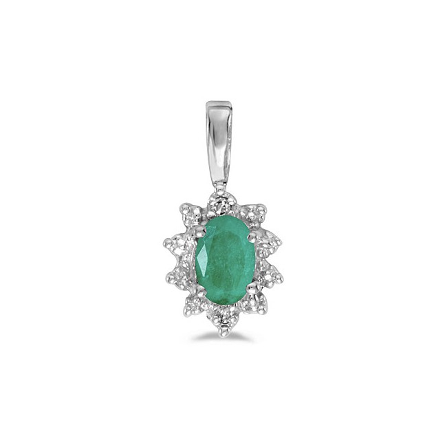 10k White Gold Oval Emerald And Diamond Pendant