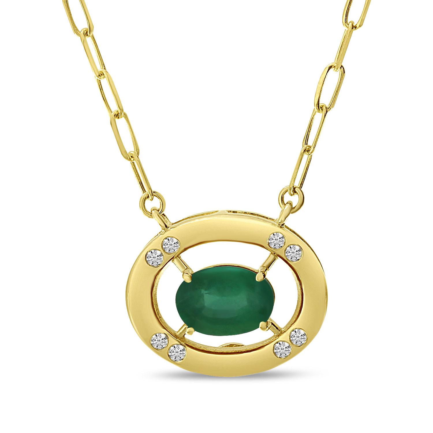 14K Yellow Gold Oval Emerald and Diamond Necklace