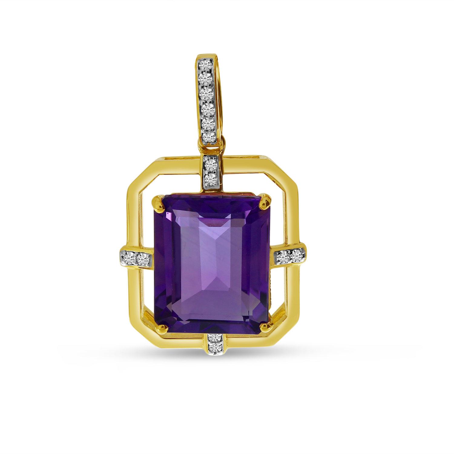 14K Yellow Gold Octagon Amethyst with Diamond Geometric Pendant