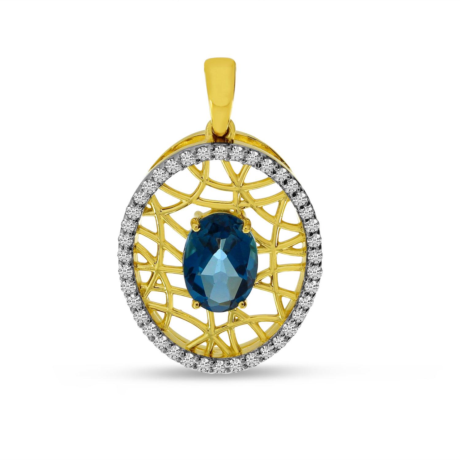 14K Yellow Gold Oval London Blue Topaz and Diamond Basketweave Pendant