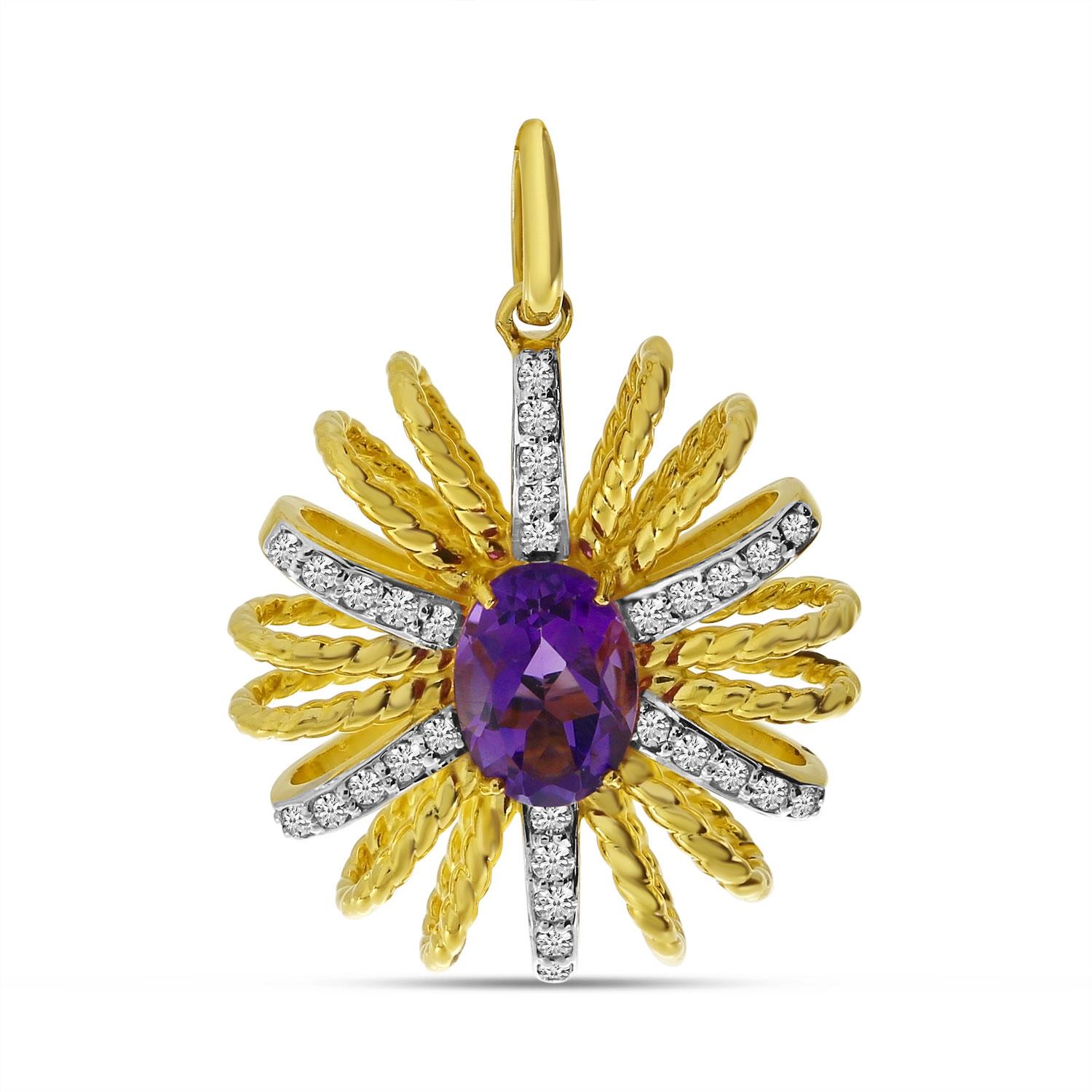 14K Yellow Gold Oval Amethyst and Diamond Burst Pendant