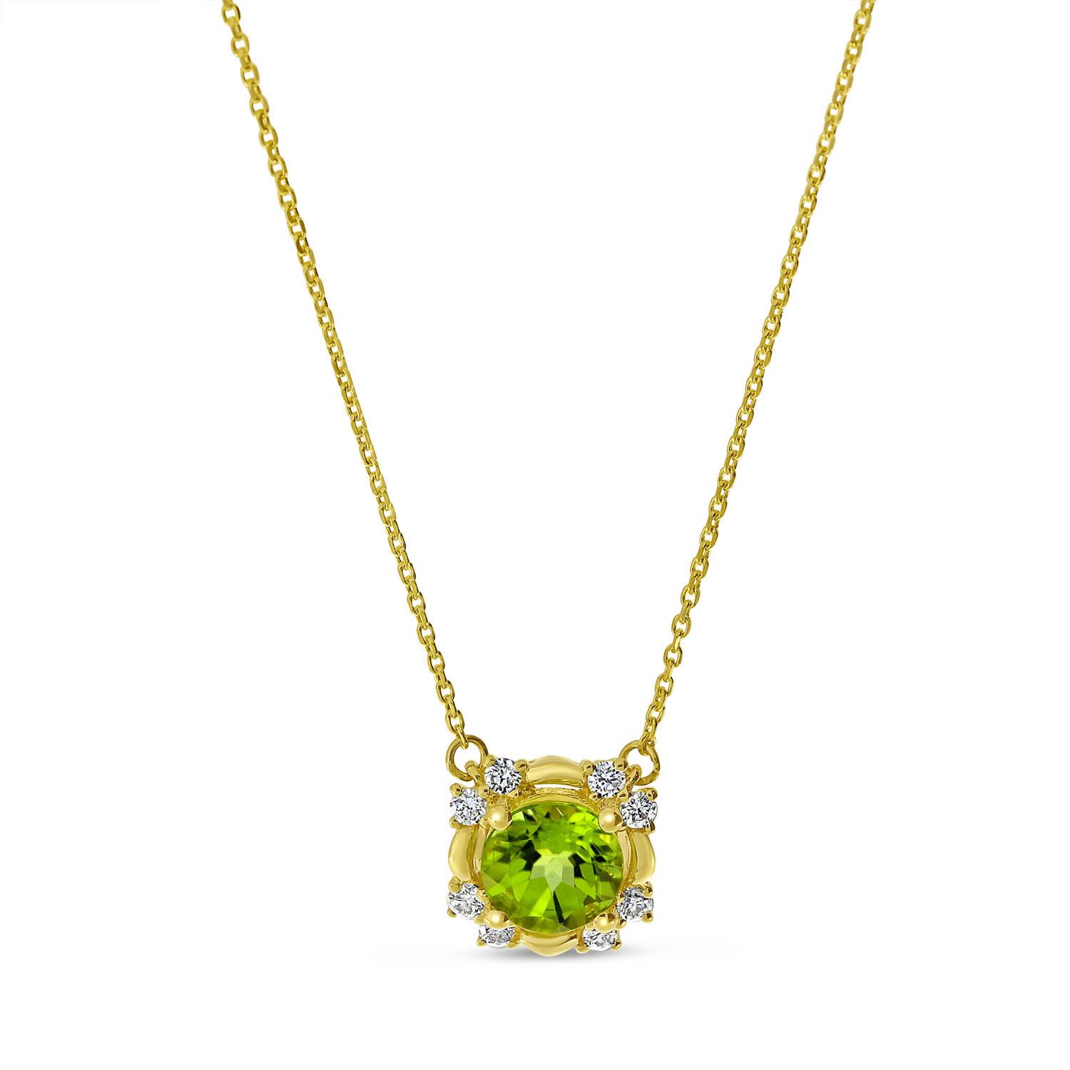14K Yellow Gold Round Peridot and Diamond Semi Precious Necklace