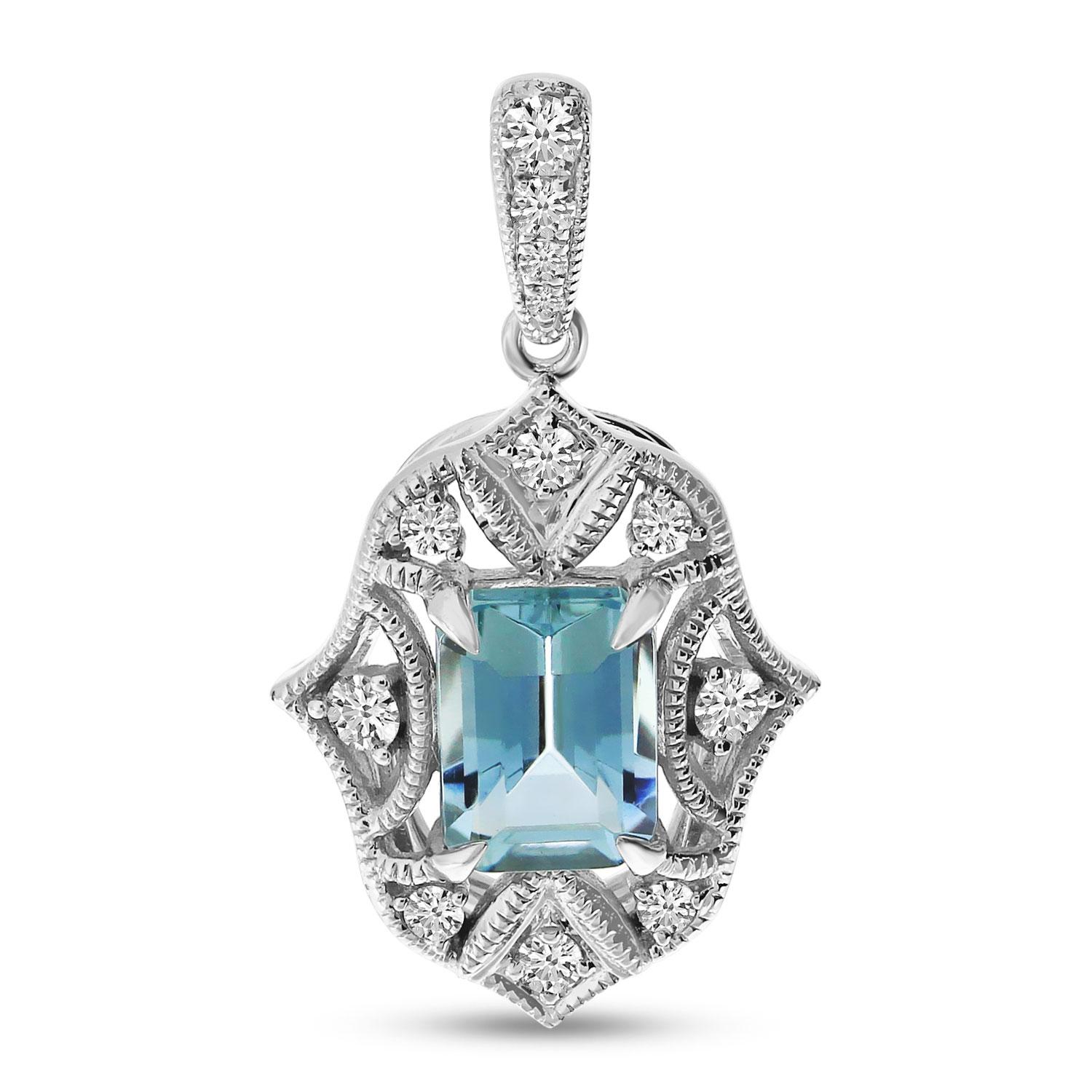 14K White Gold Emerald Cut Aquamarine and Diamond Art Deco Pendant