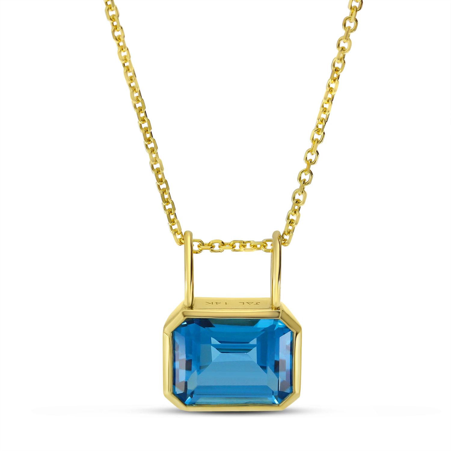14K Yellow Gold Emerald Cut Blue Topaz Bezel Cable Chain Necklace
