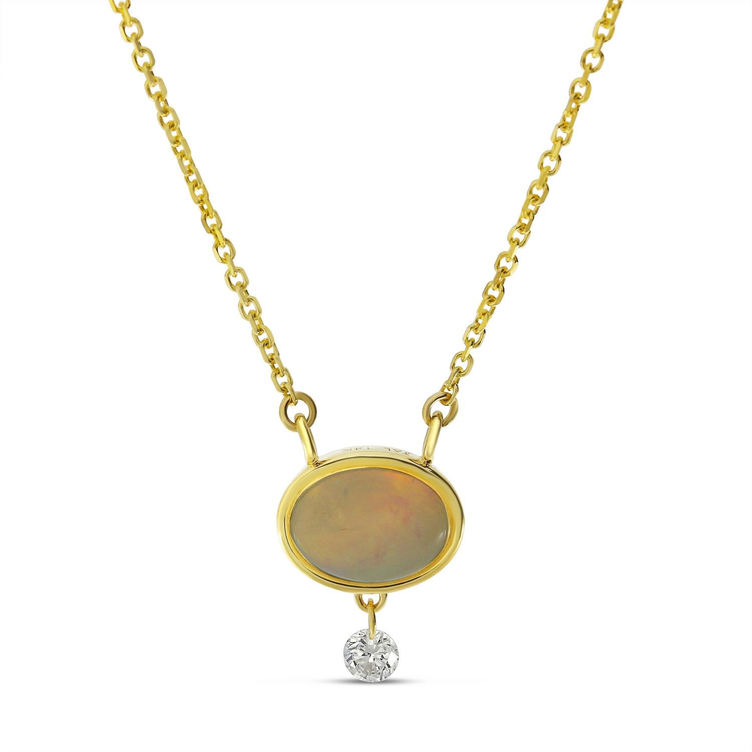 14K Yellow Gold Dashing Diamond Oval Opal Necklace
