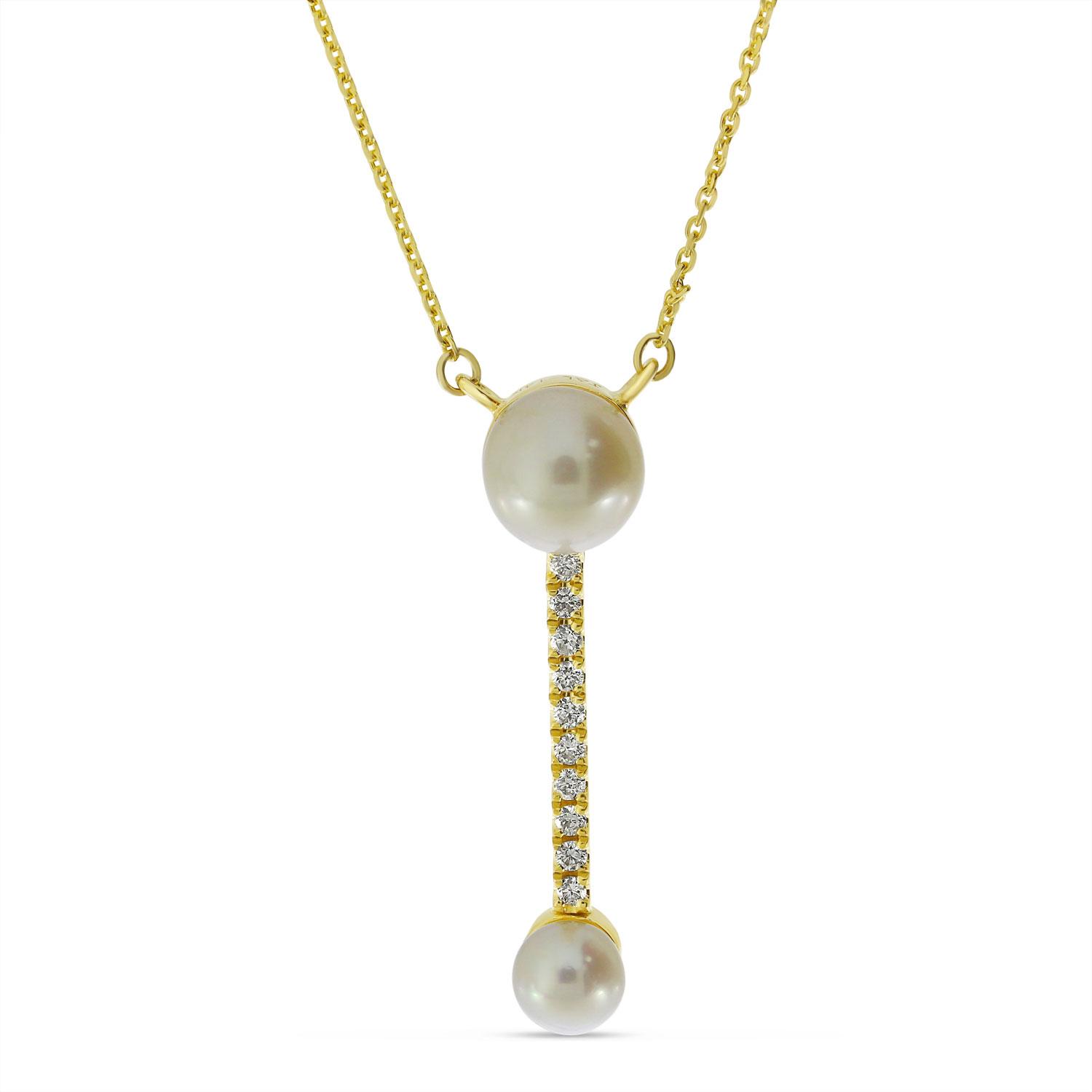 14K Yellow Gold Double Pearl Drop with Diamond Necklace