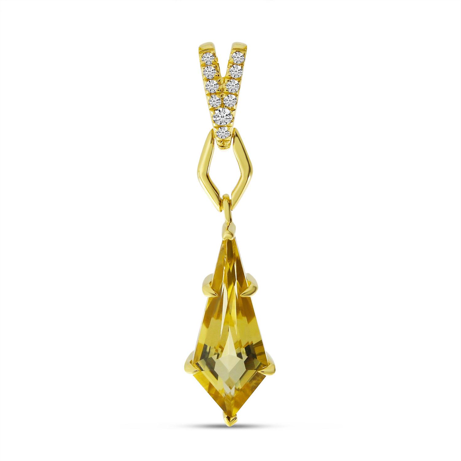 14K Yellow Gold Kite Shaped Citrine and Diamond Dangle Pendant
