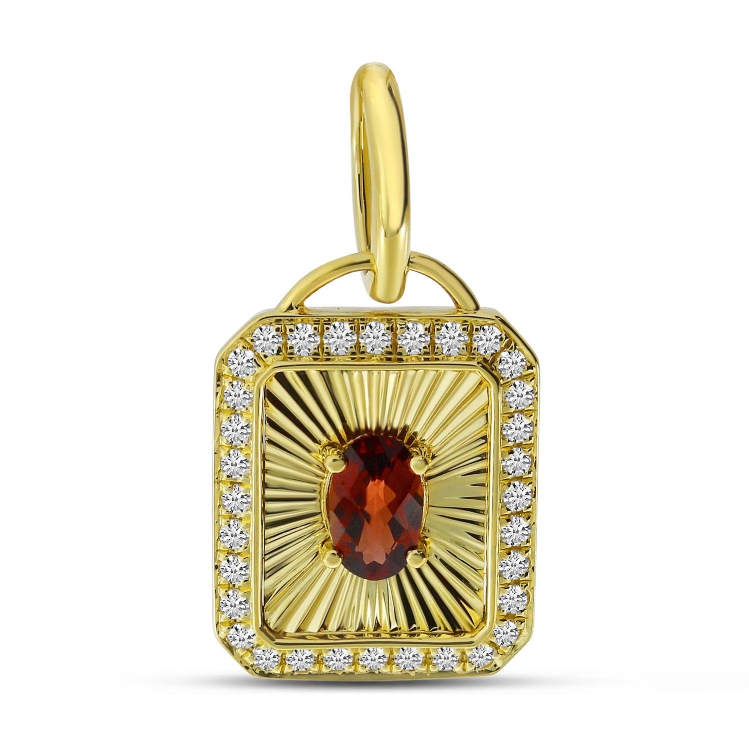14K Yellow Gold Oval Garnet and Diamond Fluted Semi Precious Pendant