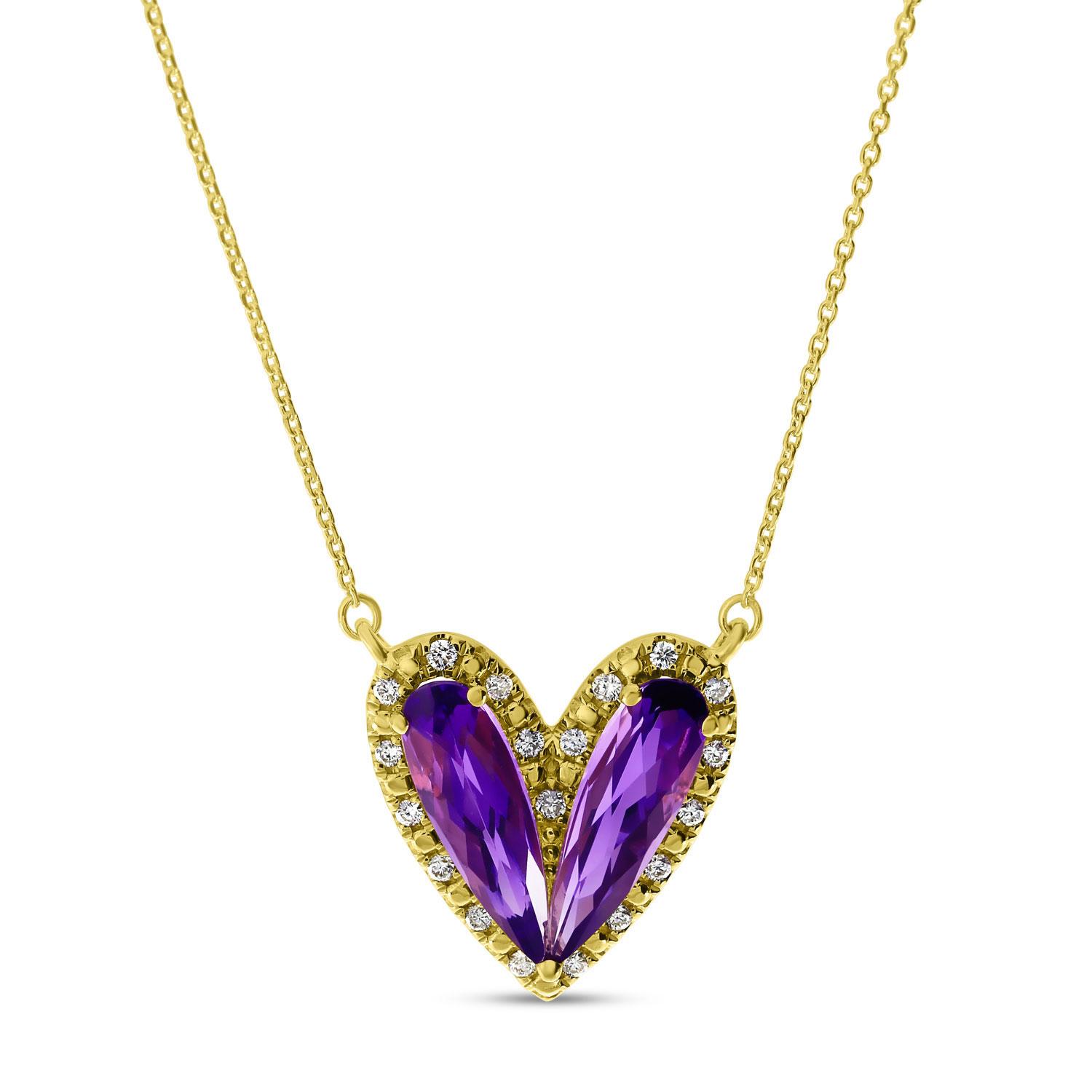 14K Yellow Gold Double Pear Amethyst Heart with Diamond Semi Precious Necklace