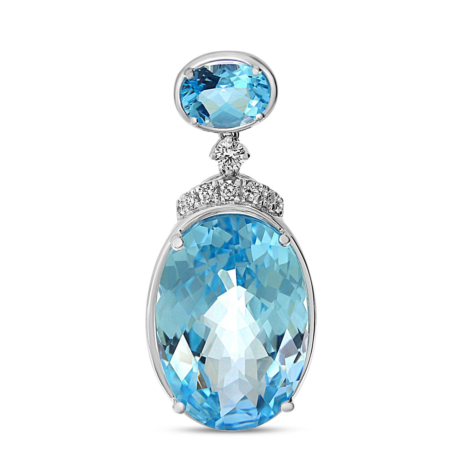 14K White Gold Large Oval Blue Topaz with Diamond Semi Precious Pendant