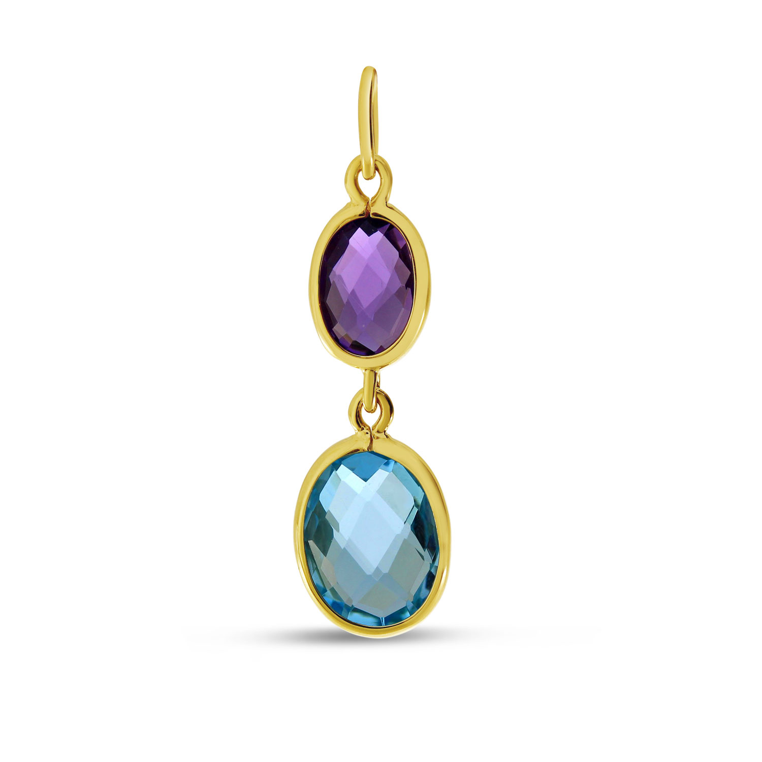 14K Yellow Gold Double Oval Amethyst and Blue Topaz Bezel Pendant