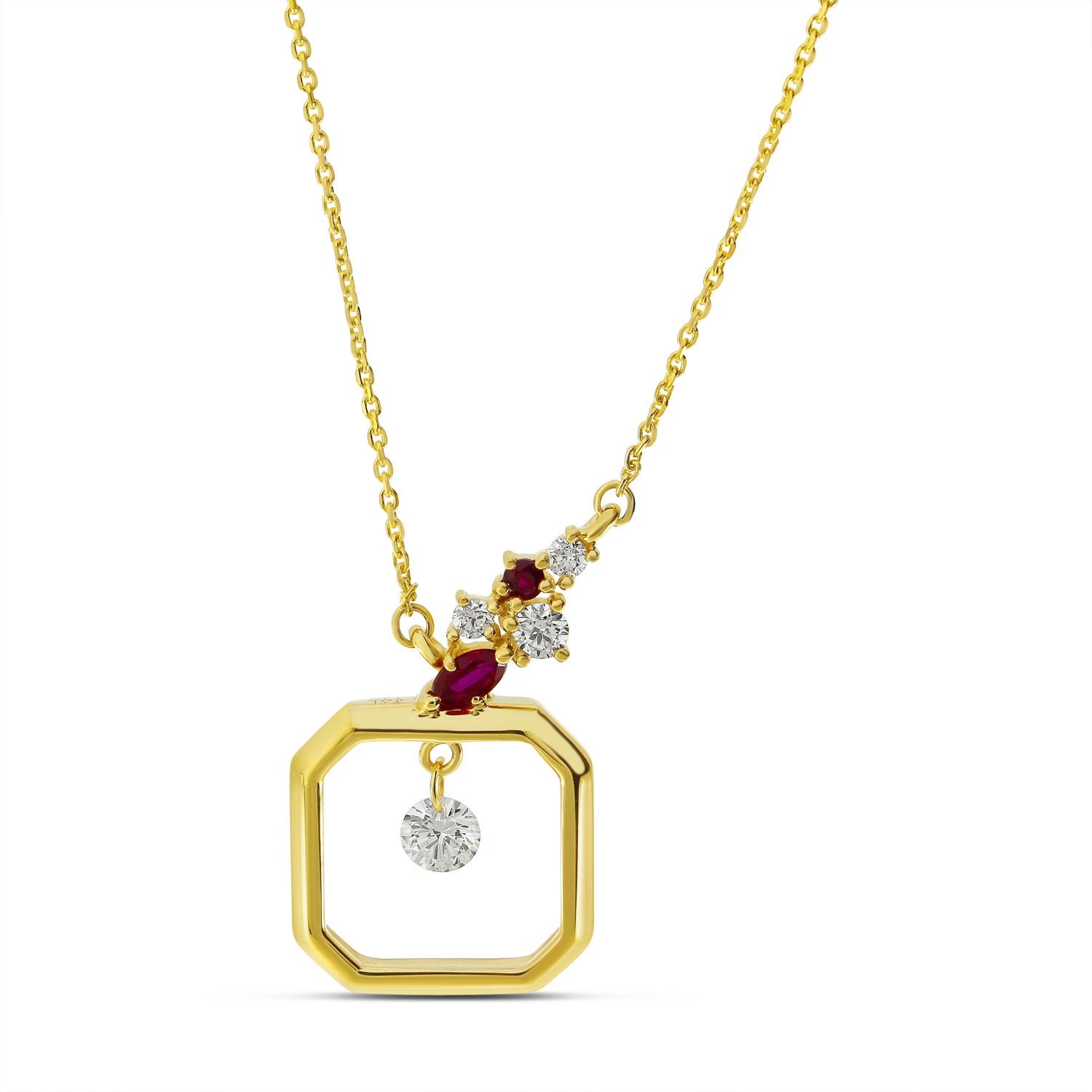 14K Yellow Gold Dashing Diamond Ruby and Diamonds Asymmetric Necklace