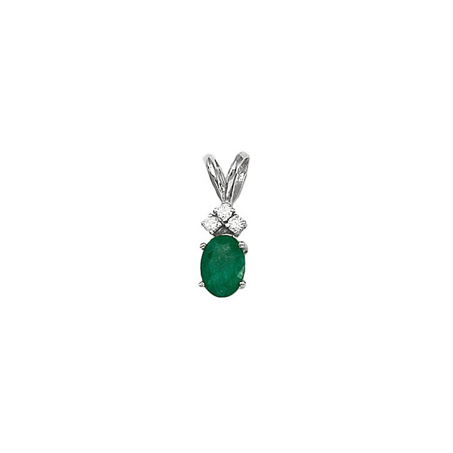 14K White Gold Oval Emerald and Diamond Pendant