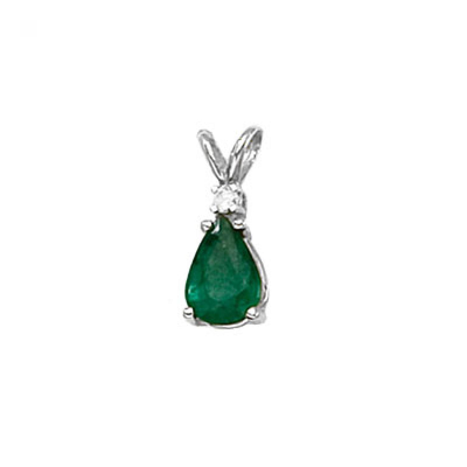 14K White Gold Pear Emerald and Diamond Pendant