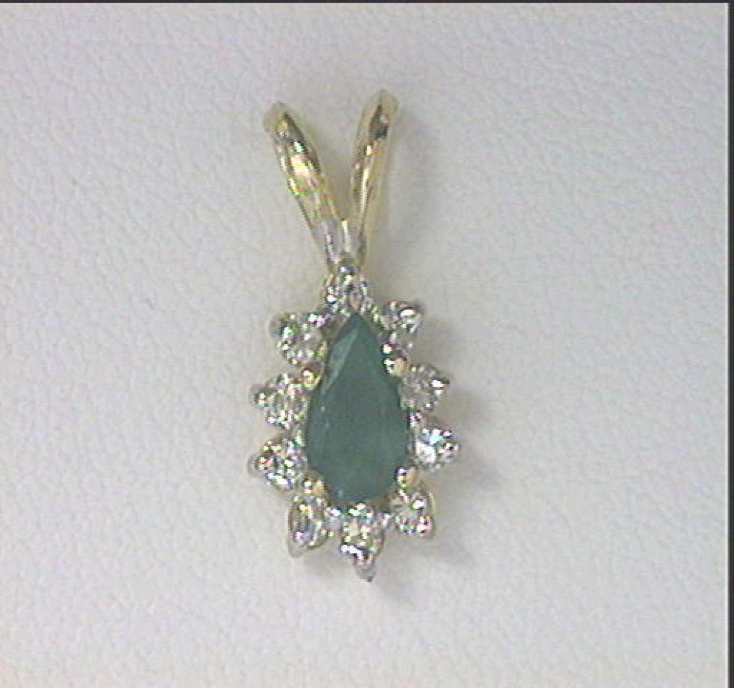 14K Yellow Gold Pear Emerald and Diamond Pendant