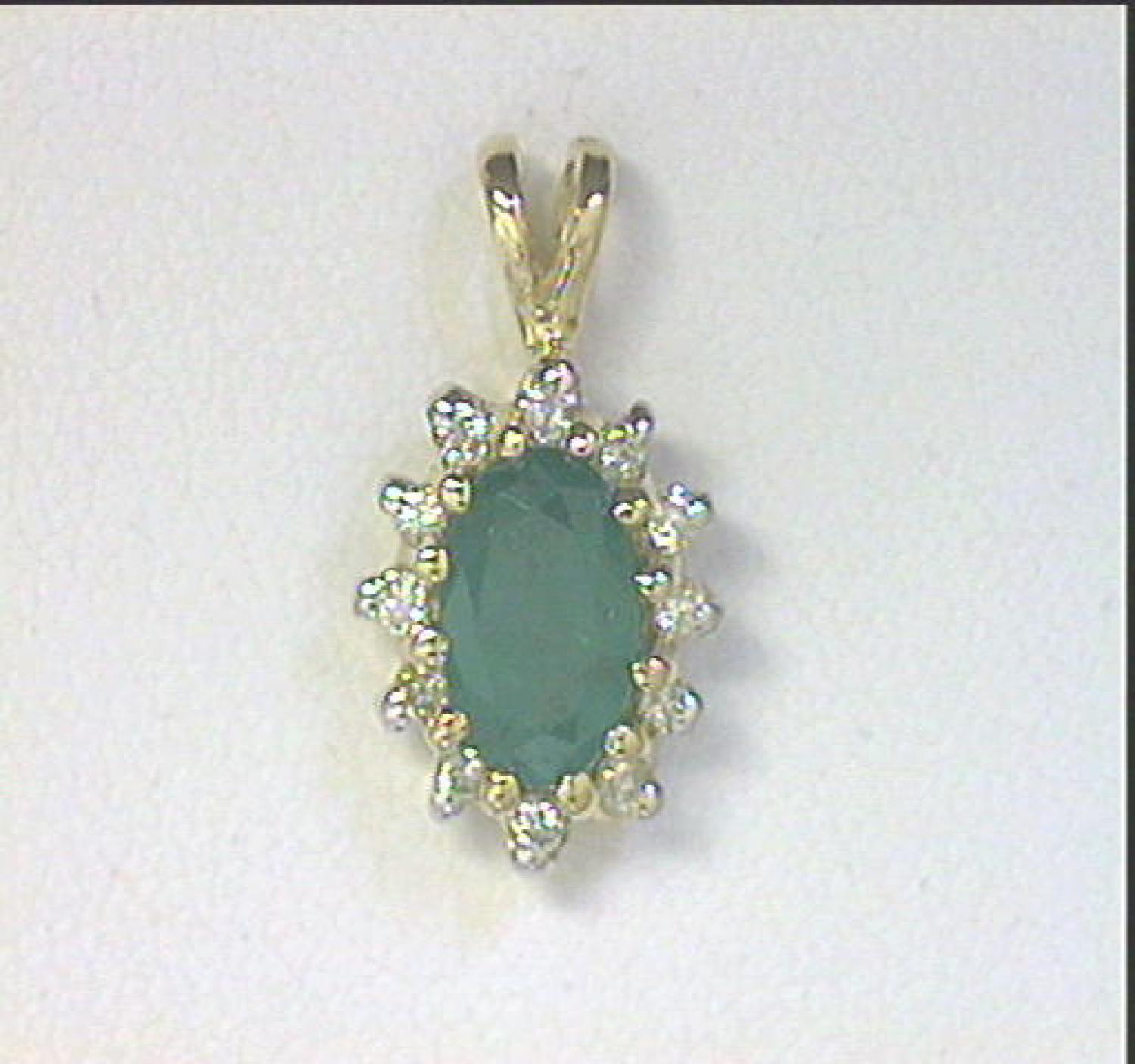 14k Yellow Gold Oval Emerald Precious and Diamond Pendant