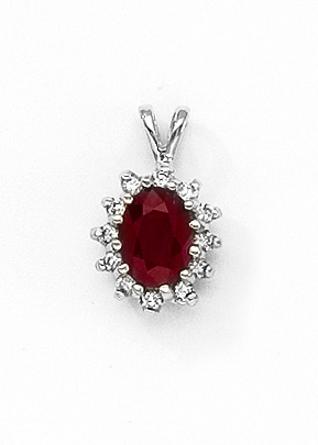 14k White Gold Oval Ruby Precious and Diamond Pendant
